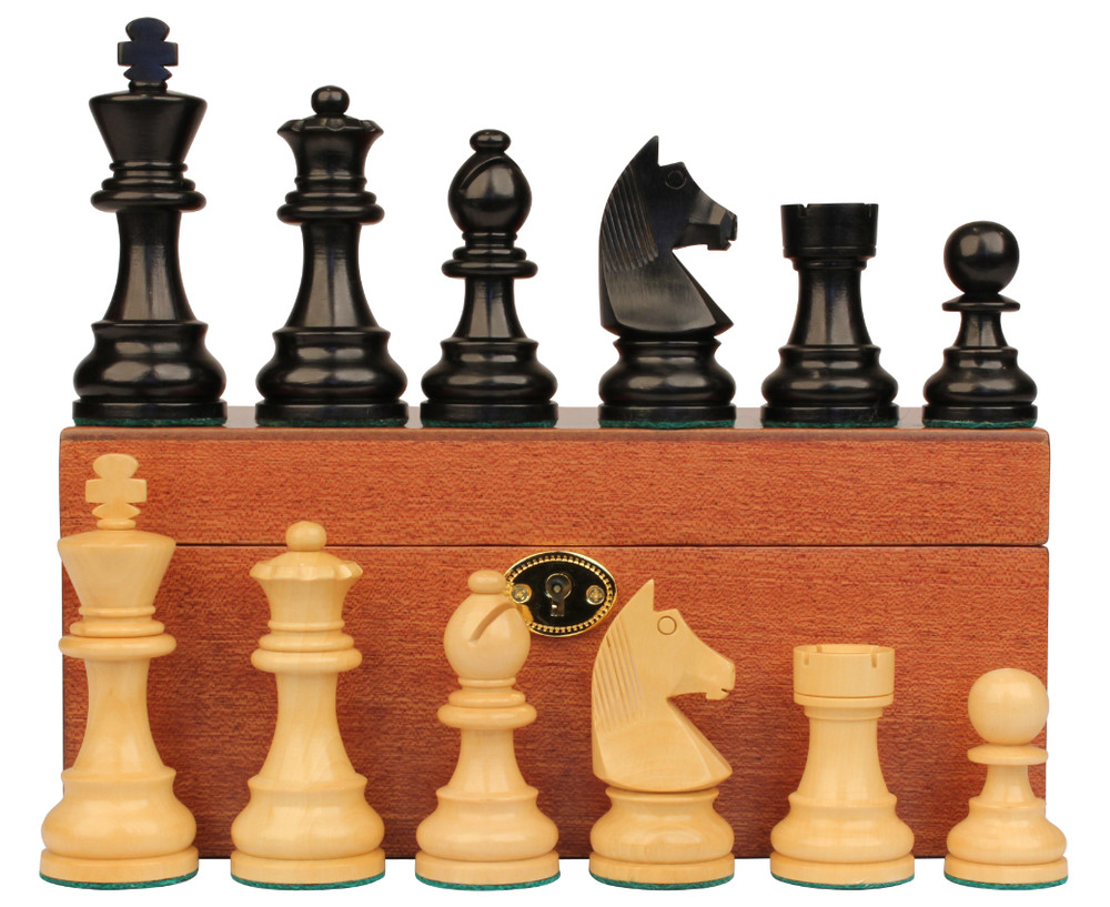 German Staunton Chess Set Ebonized and Boxwood Pieces with Mahogany Chess Box 3.25" King 