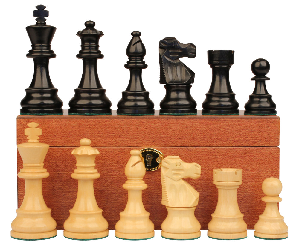 French Lardy Staunton Chess Set Ebonized and Boxwood Pieces with Mahogany Chess Box 3.75" King