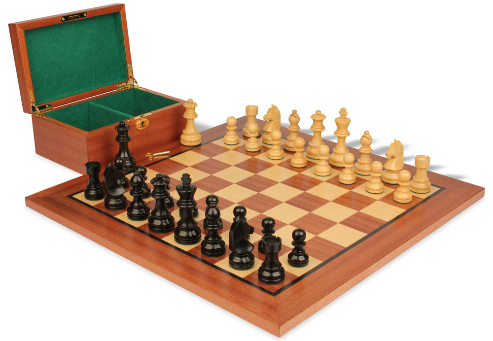 German Knight Staunton Chess Set Ebonized and Natural Boxwood Pieces with Mahogany Chess Board and Box 3.25" King