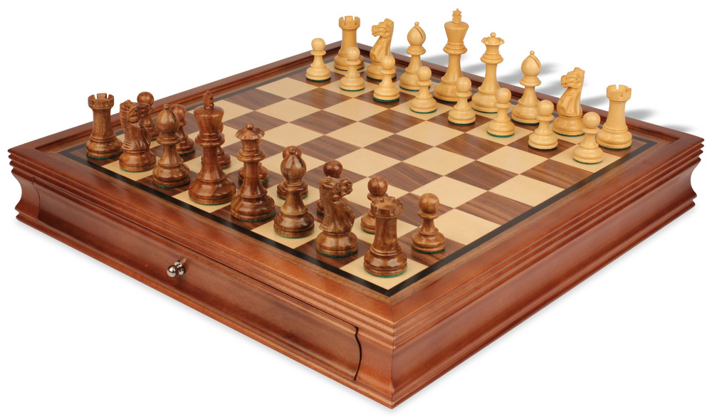 Parker Staunton Chess Set in Golden Rosewood & Boxwood with Walnut Chess Case - 3.75" King