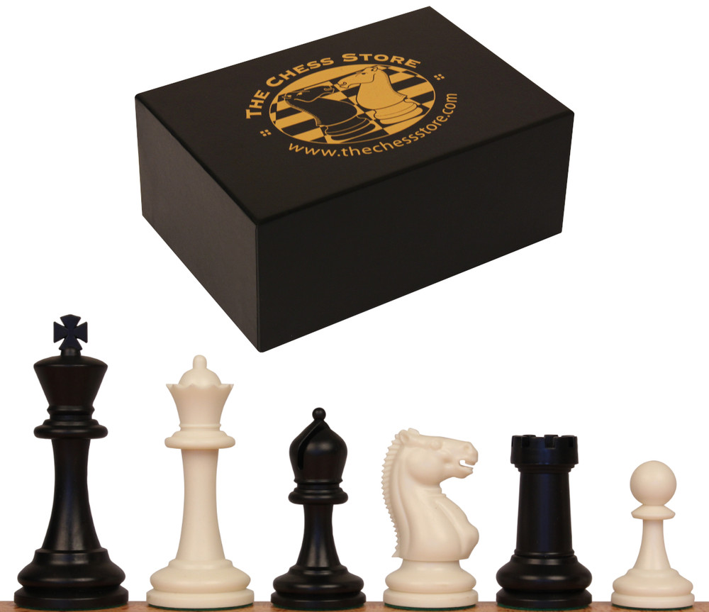 The Chess Store Master Series Tournament Size Plastic Chess Pieces Black & Ivory with Extra Queens & Box - 3.75" King