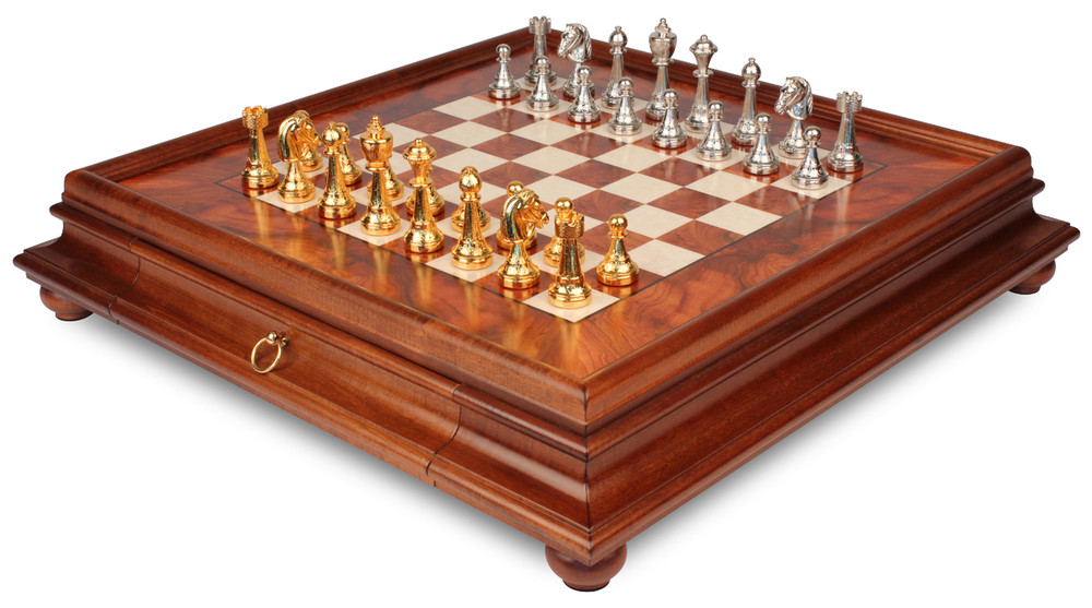 Italian Arabesque Staunton Gold & Silver Chess Set with Elm Burl Chess Case