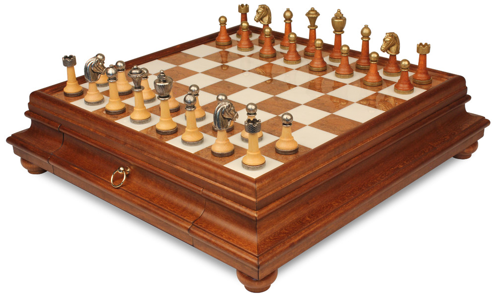 Italian Arabesque Staunton Metal & Wood Chess Set with Alabaster & Wood Chess Case