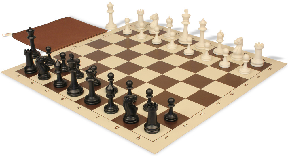 Master Series Classroom Triple Weighted Plastic Chess Set Black & Ivory Pieces with Vinyl Roll-up Board & Bag - Brown