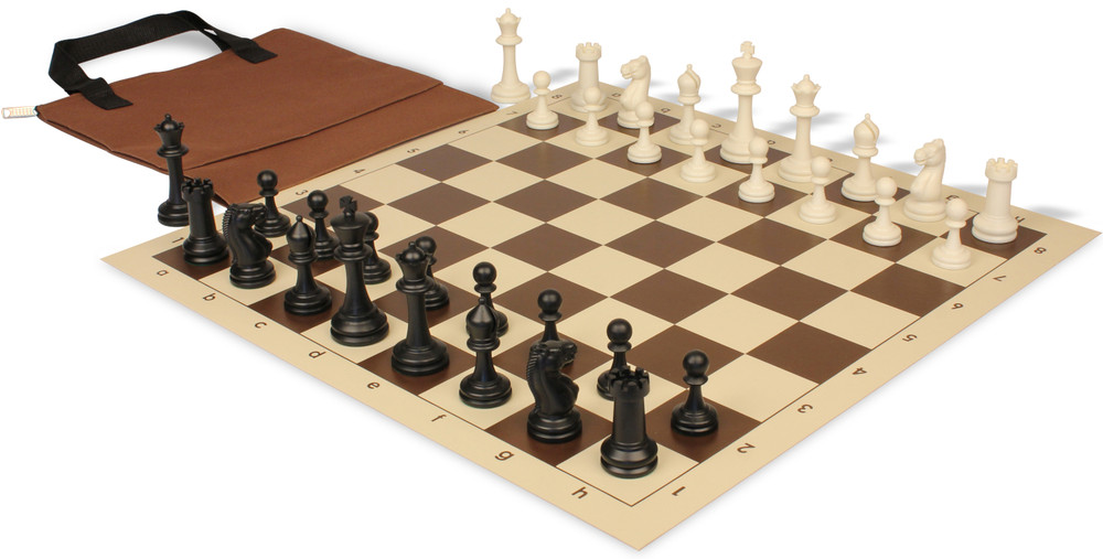 Master Series Easy-Carry Triple Weighted Plastic Chess Set Black & Ivory Pieces with Vinyl Rollup Board - Brown