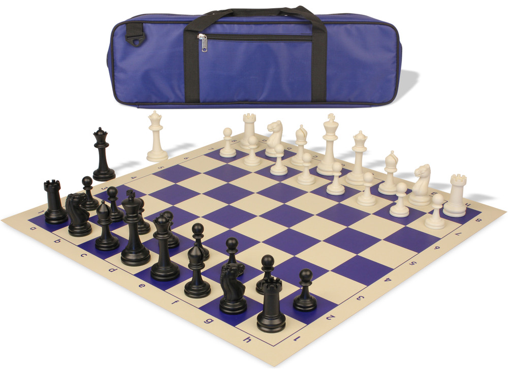 Master Series Carry-All Double-Weighted Plastic Chess Set - Black & Ivory Pieces with Vinyl Rollup Board - Blue