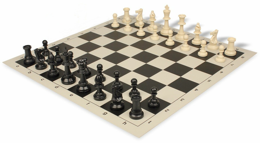 Analysis-Size Plastic Chess Set Black & Ivory Pieces with Black Roll-up Chess Board