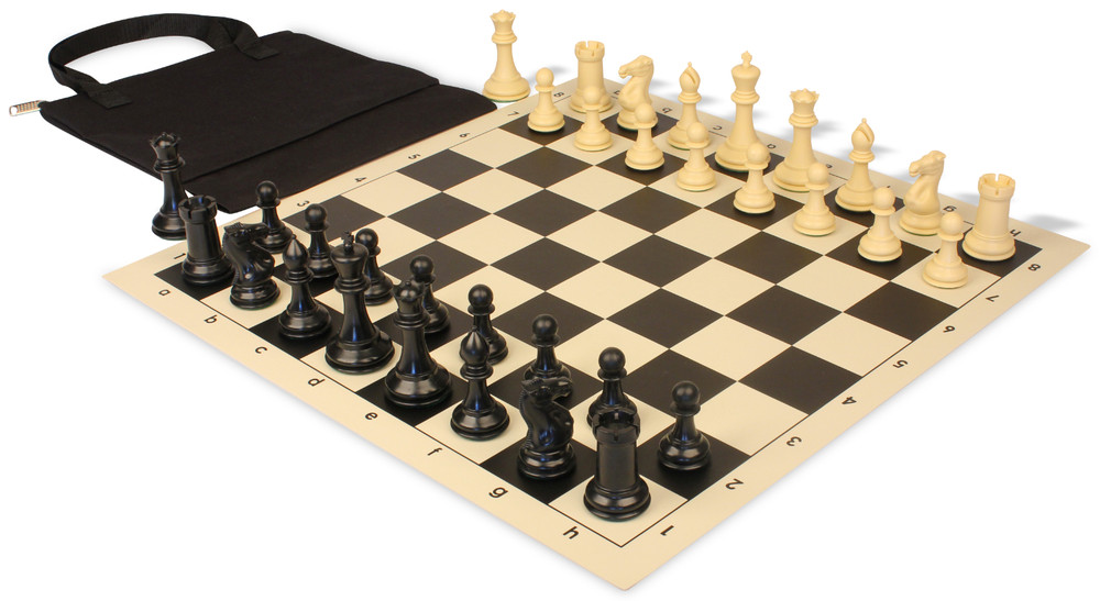 Conqueror Easy-Carry Plastic Chess Set Black & Camel Pieces with Vinyl Rollup Board - Black