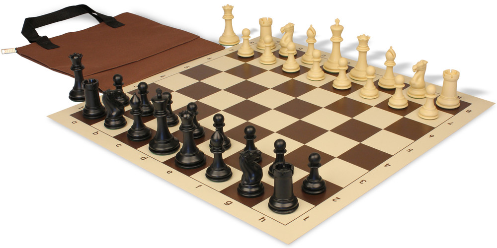 Conqueror Easy-Carry Plastic Chess Set Black & Camel Pieces with Vinyl Rollup Board - Brown