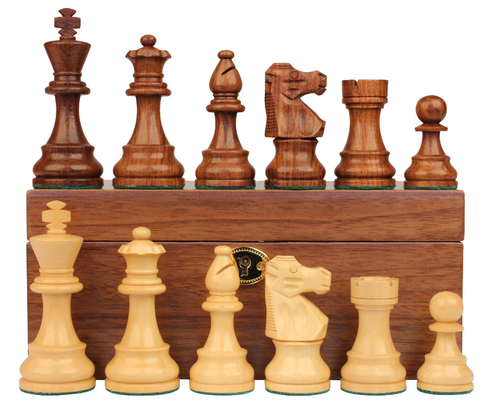 French Lardy Staunton Chess Set Acacia & Boxwood Pieces with Walnut Chess Box - 3.75 King
