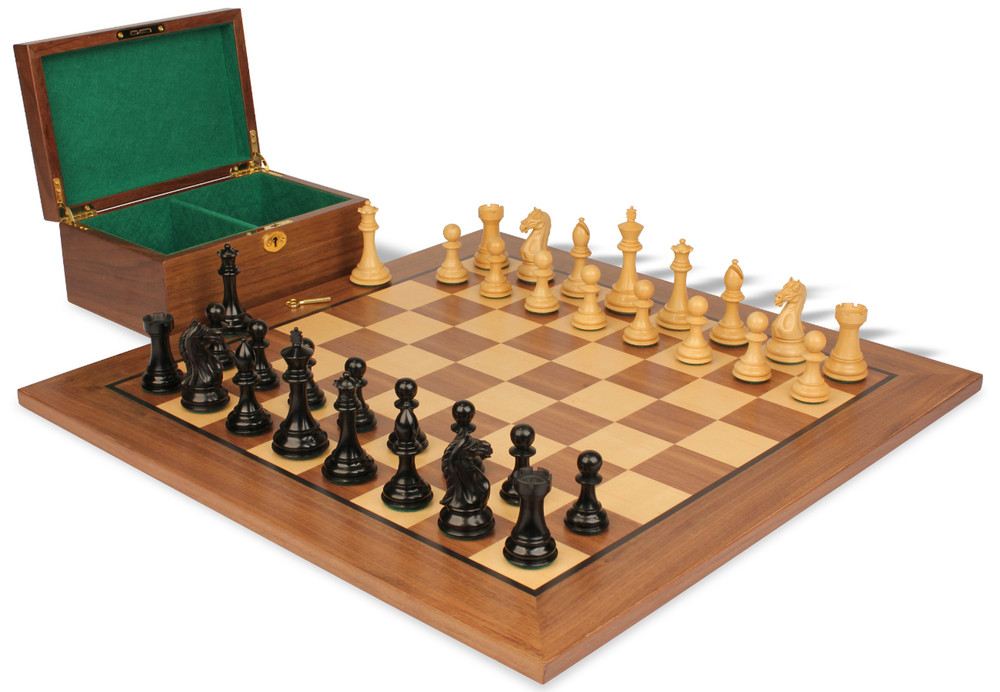 Fierce Knight Staunton Chess Set Ebony & Boxwood Pieces with Classic Walnut Board & Box - 3" King