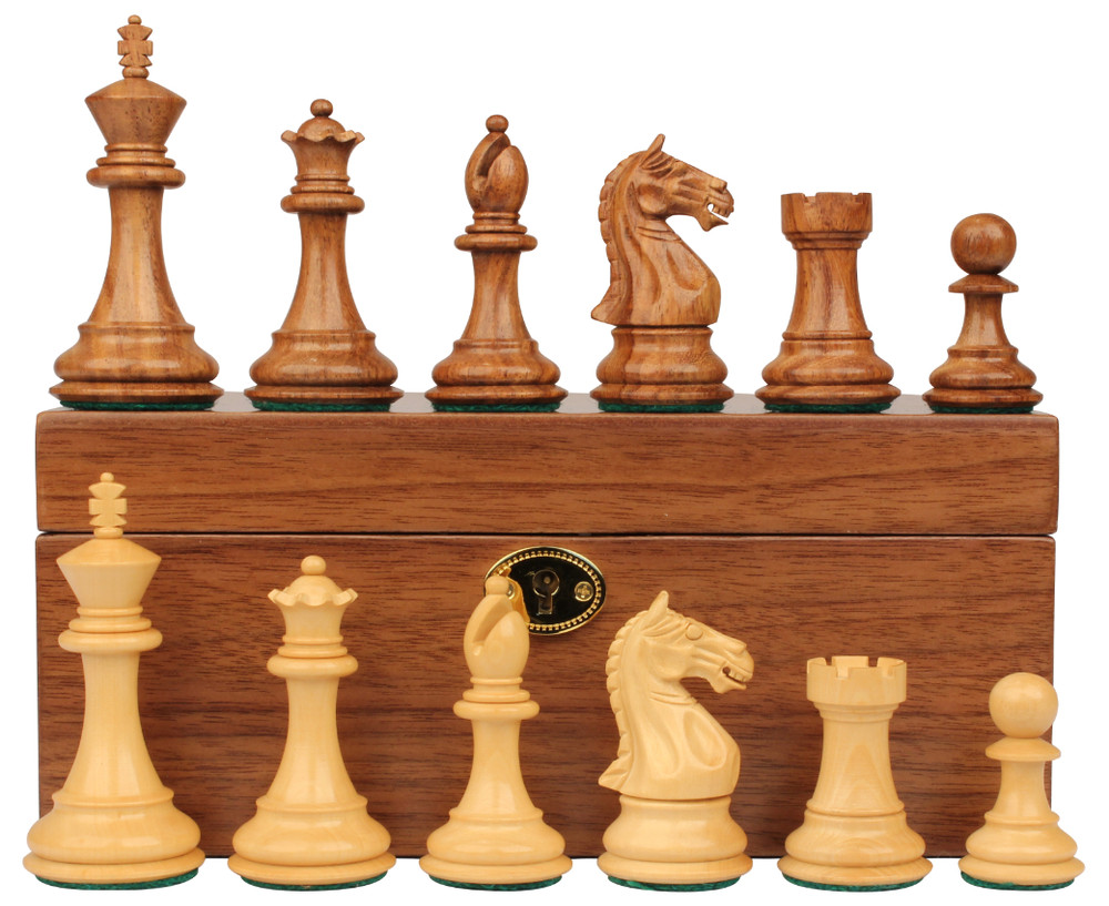 Fierce Knight Staunton Chess Set Acacia & Boxwood Pieces with Walnut Chess Box - 4"  King