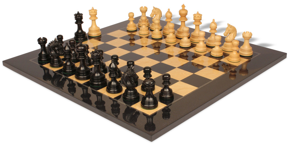 Chetak Staunton Chess Set Ebony & Boxwood Pieces with Black & Ash Burl Board - 4.25" King