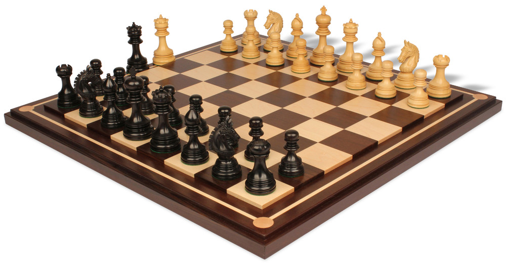 Chetak Staunton Chess Set in Ebony & Boxwood with Walnut & Maple Mission Craft Chess Board - 4.25" King