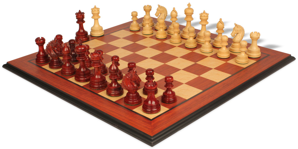 Chetak Staunton Chess Set in Padauk & Boxwood with Padauk & Bird's Eye Maple Molded Edge - 4.25" King