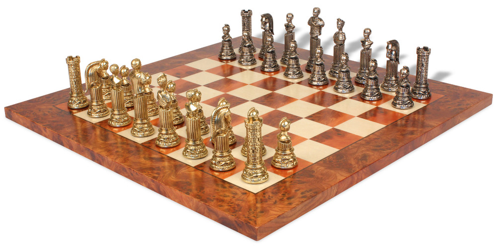 Roman Emperor Bust Theme Metal Chess Set with Elm Burl Chess Board