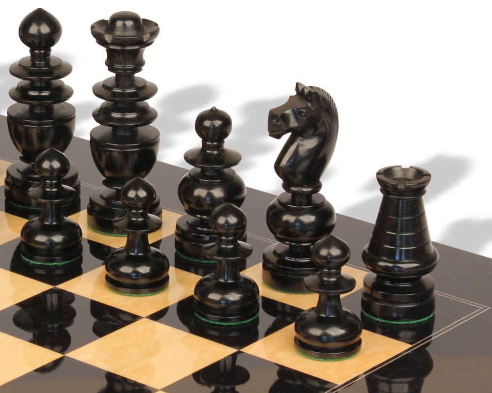 French Regency Antique Reproduction Chess Set Ebony & Boxwood Pieces with Black & Ash Burl Chess Board