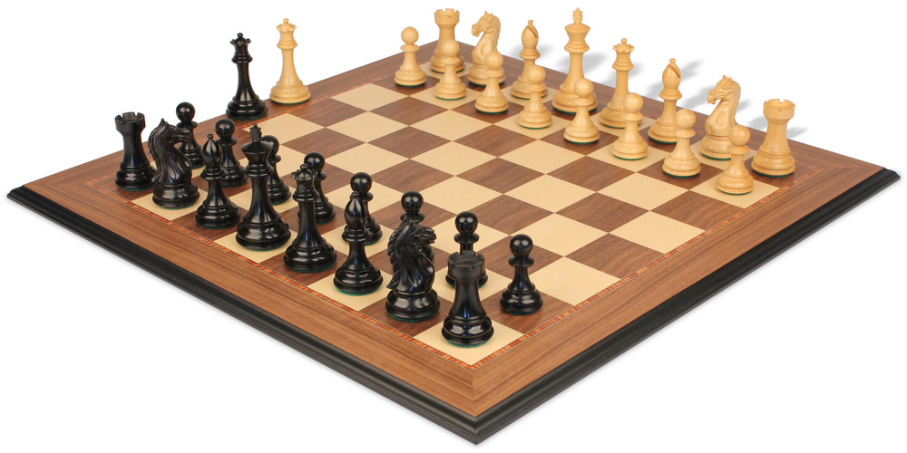 Fierce Knight Staunton Chess Set Ebony & Boxwood Pieces with Walnut & Maple Molded Edge Board - 4" King