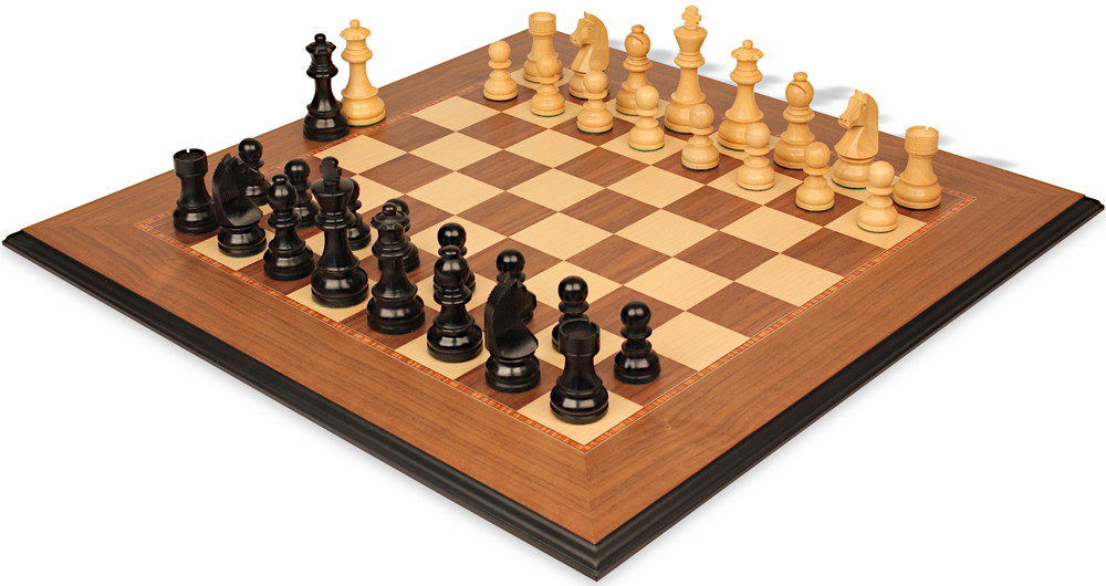 German Knight Staunton Chess Set Ebonized & Boxwood Pieces with Walnut Molded Edge Chess Board - 3.75" King