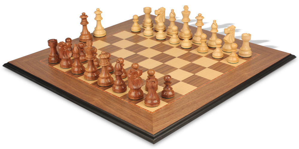 French Lardy Staunton Chess Set Acacia & Boxwood Pieces with Walnut & Maple Molded Edge Board - 3.75" King