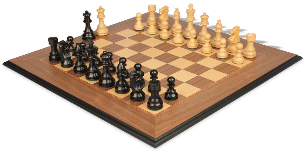 French Lardy Staunton Chess Set Ebonized & Boxwood Pieces with Walnut Molded Edge Chess Board - 2.75" King
