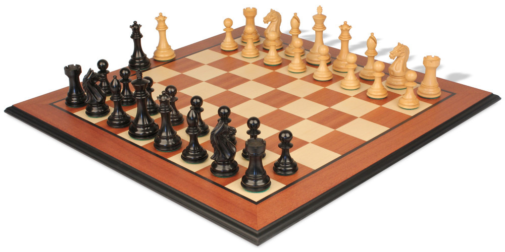 Fierce Knight Staunton Chess Set Ebonized & Boxwood Pieces with Mahogany & Maple Molded Edge Board - 3" King