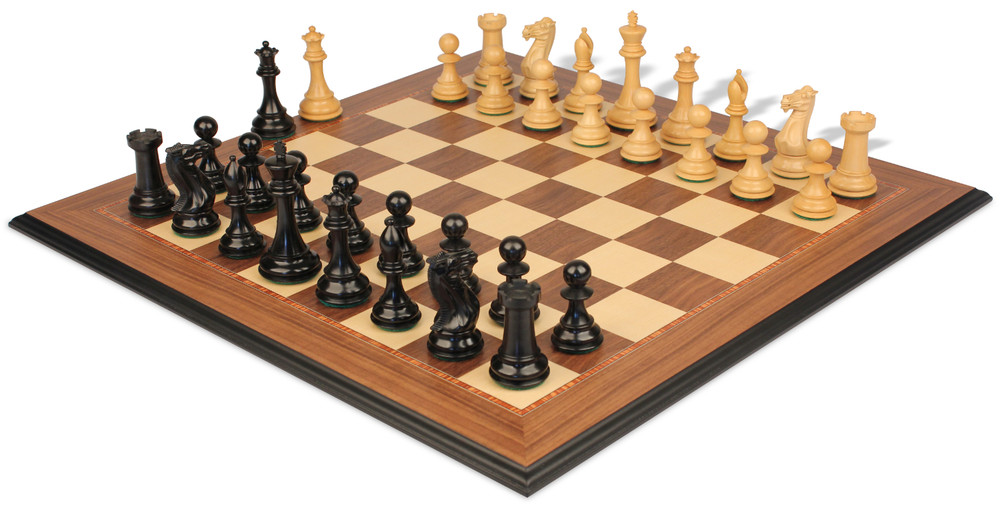 New Exclusive Staunton Chess Set Ebonized & Boxwood Pieces with Walnut & Maple Molded Edge Board - 3.5" King