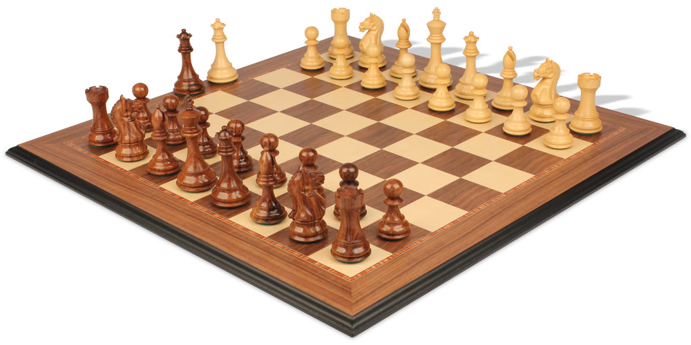 Fierce Knight Staunton Chess Set Golden Rosewood & Boxwood Pieces with Walnut Molded Edge Chess Board - 4" King