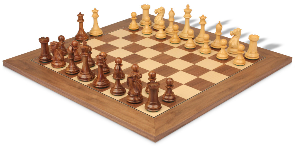 New Exclusive Staunton Chess Set Golden Rosewood & Boxwood Pieces with Walnut & Maple Deluxe Board - 3.5" King