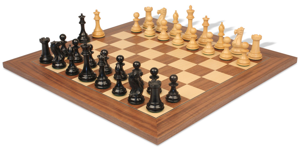 New Exclusive Staunton Chess Set Ebony & Boxwood Pieces with Walnut & Maple Deluxe Board - 4" King