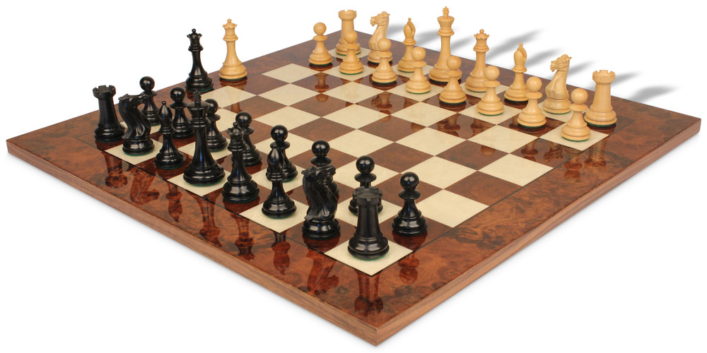 New Exclusive Staunton Chess Set Ebony & Boxwood Pieces with Walnut Burl Chess Board - 4" King