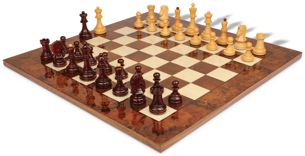 The Dubrovnik Championship Chess Set Padauk & Boxwood Pieces with Walnut Burl Chess Board - 3.9" King