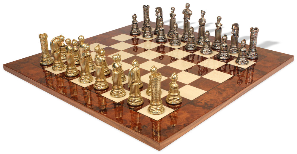 Roman Emperor Bust Theme Metal Chess Set with Walnut Burl Chess Board