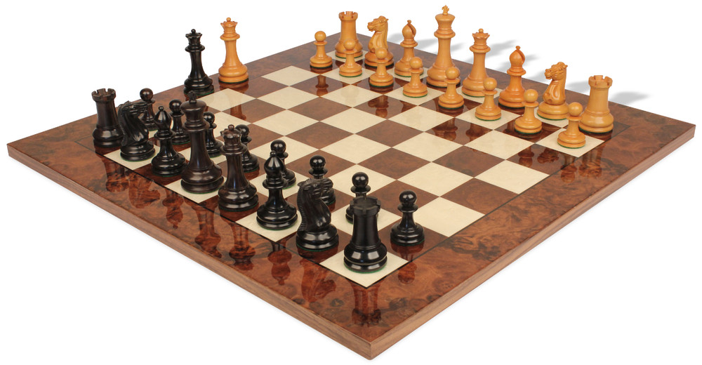 1849 Heirloom Staunton Chess Set Aged Ebony & Boxwood Pieces with Walnut Burl Board- 4.4" King