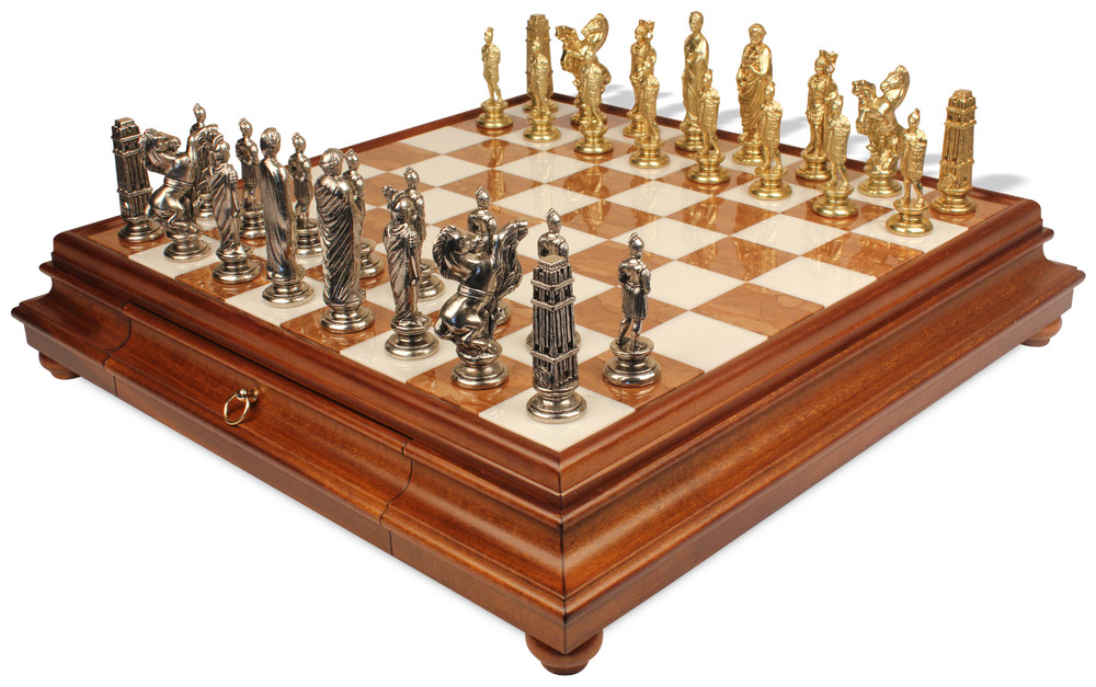 Italfama Caesar Theme Chess Set with Tuscan Marble & Wood Chess Case