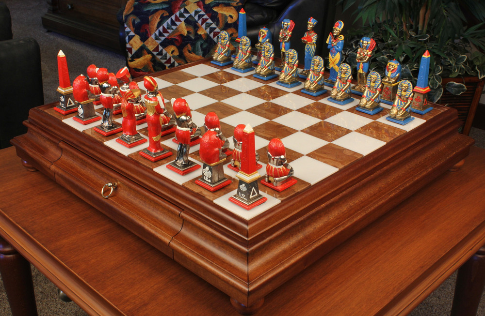Italfama Egyptian Hand Painted Theme Chess Set with Tuscan Marble & Tilia Wood Chess Case