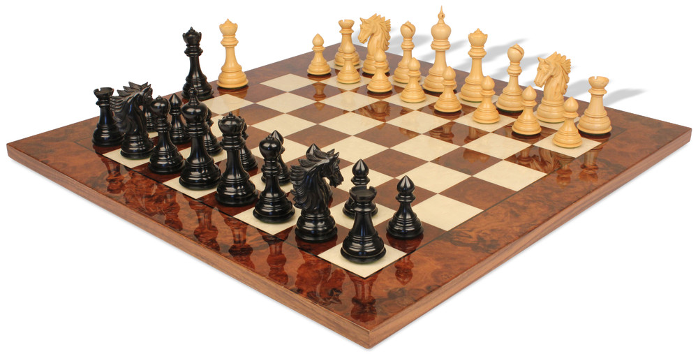 Bucephalus Staunton Chess Set Ebony & Boxwood Pieces with Walnut Burl & Erable Board - 4.5" King