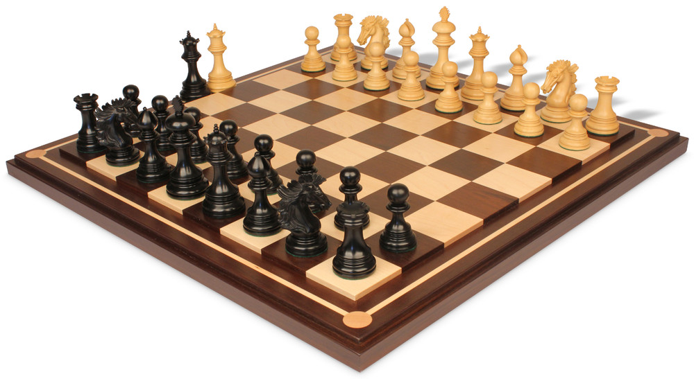 Wellington Staunton Chess Set Ebony & Boxwood Pieces with Mission Craft Walnut Chess Board - Boxwood View