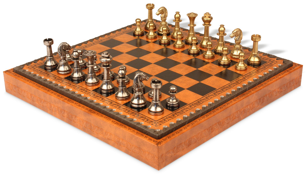 Traditional Staunton Solid Brass Chess Set with Faux Leather Chess
