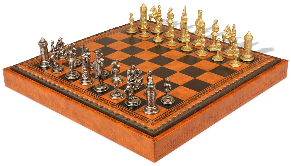 Small Staunton Solid Brass Chess Set with Leatherette Board & Tray