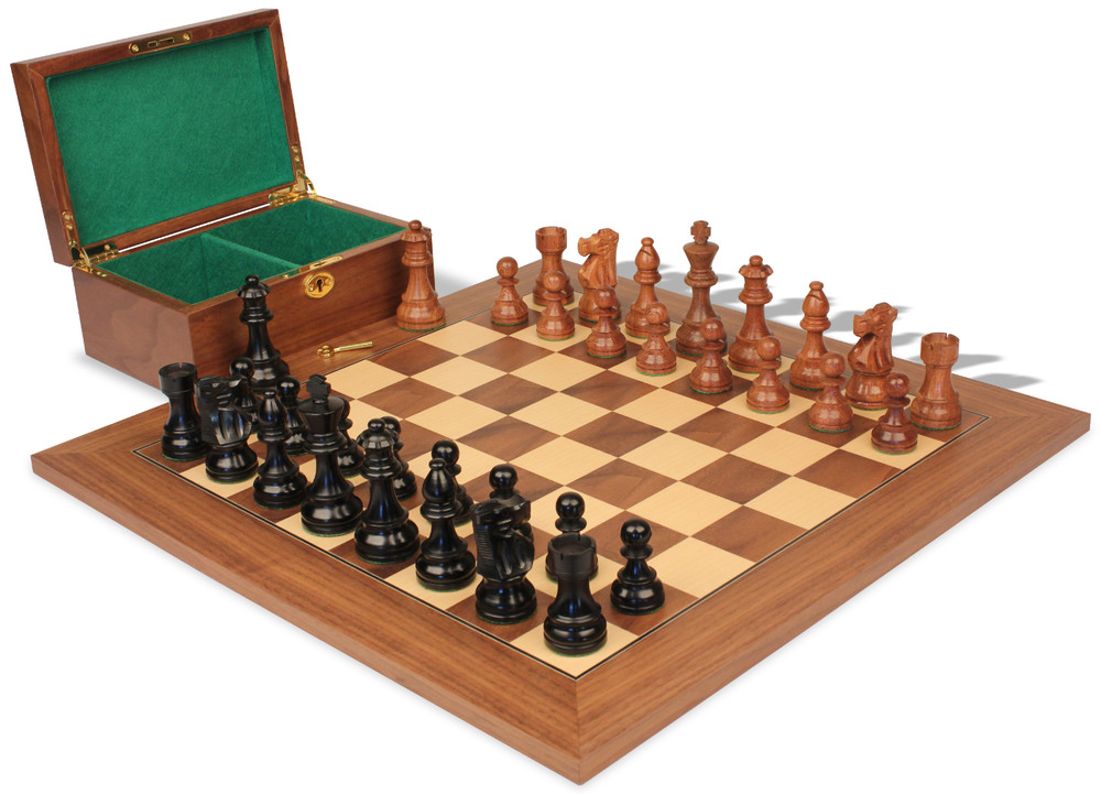 French Lardy Staunton Chess Set Ebonized & Acacia & Wood Pieces with Deluxe Walnut Board & Box - 3.75" King