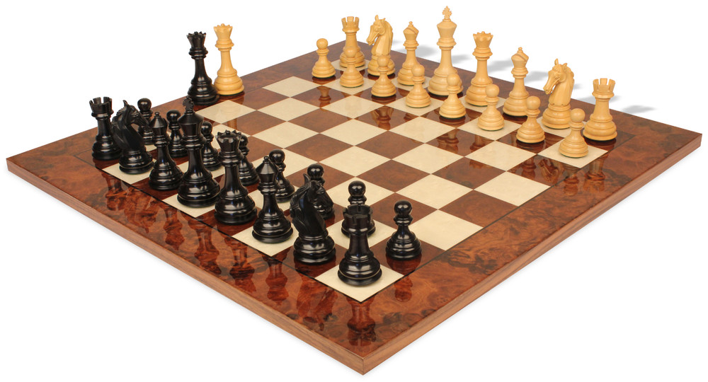 Colombian Knight Staunton Chess Set Ebony & Boxwood Pieces with Walnut Burl & Erable Chess Board