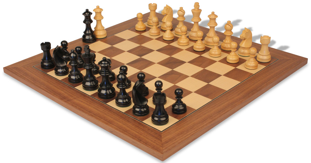 Queen's Gambit Chess Set Ebonized & Boxwood Pieces with Deluxe Walnut & Maple Board - 3.75" King