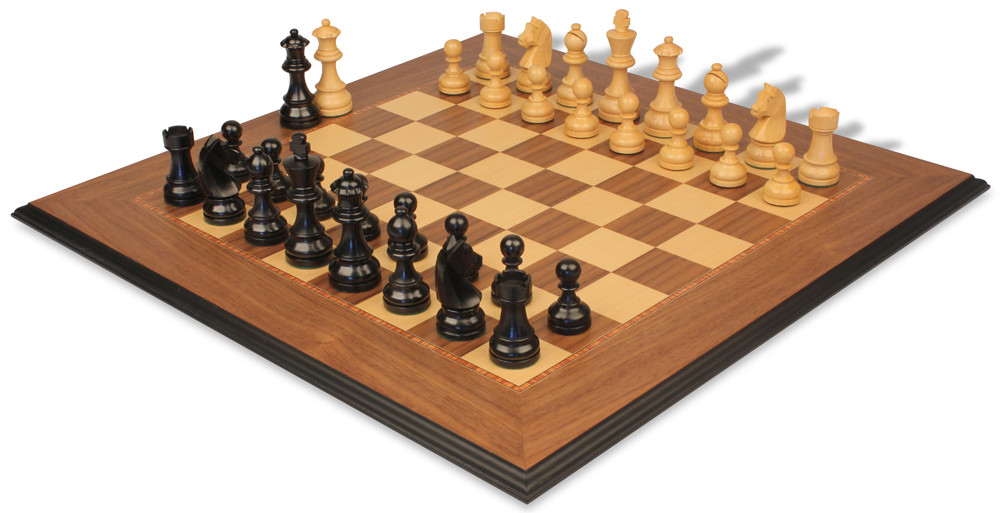 Queen's Gambit Chess Set Ebonized & Boxwood Pieces with Walnut & Maple Molded Edge Board - 3.75" King