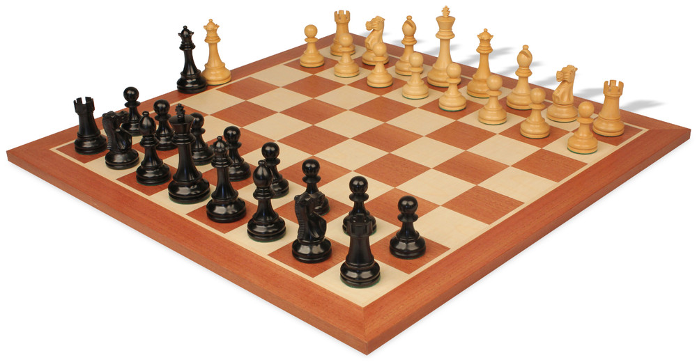 British Staunton Chess Set Ebonized & Boxwood Pieces with Sunrise Mahogany Chess Board - 4" King