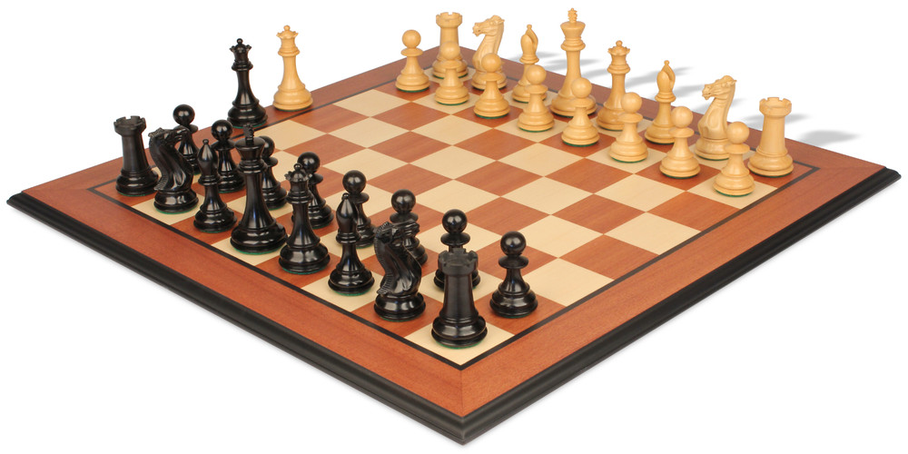 New Exclusive Staunton Chess Set Ebony & Boxwood Pieces with Mahogany & Maple Molded Edge Board - 3.5" King