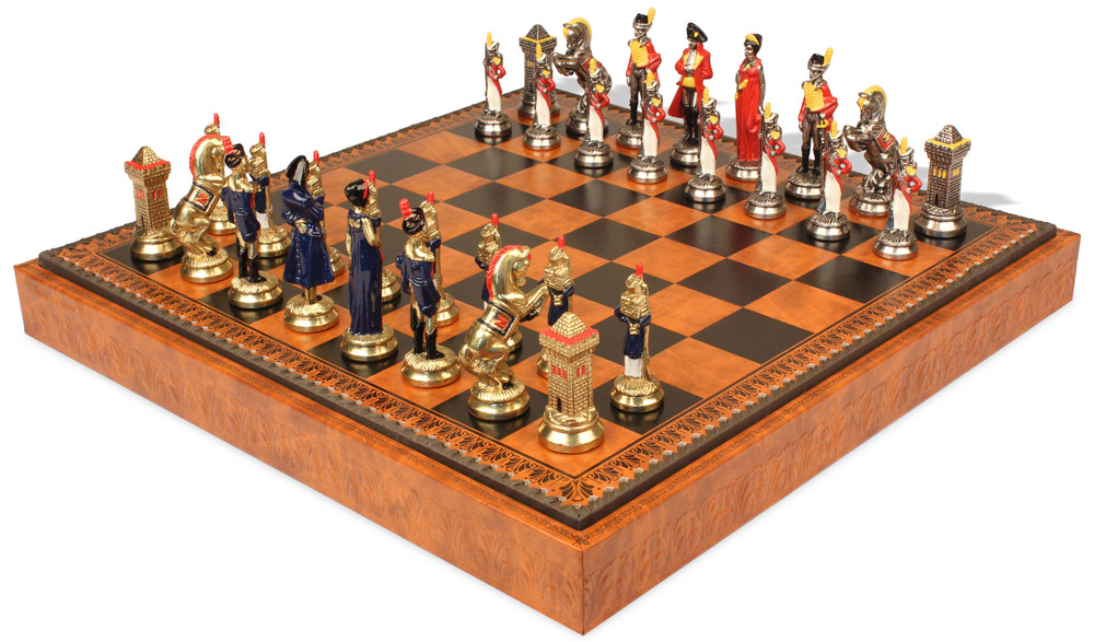 Large Napoleon Theme Hand Painted Metal Chess Set  with Faux Leather Chess Board & Storage Tray