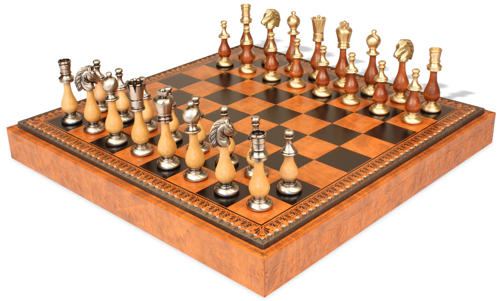 Large Contemporary Staunton Solid Brass & Wood Chess Set with Faux Leather Chess Board & Storage Tray