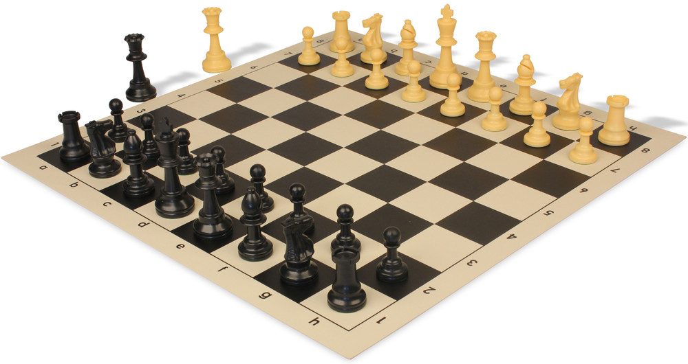 Standard Club Triple Weighted Plastic Chess Set Black & Camel Pieces with Vinyl Rollup Board - Black