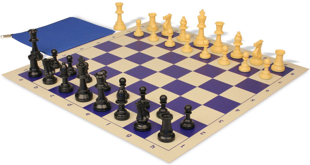 Standard Club Classroom Triple Weighted Plastic Chess Set Black & Camel Pieces with Vinyl Rollup Board - Blue